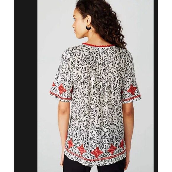 J Jill Prairie Peasant Tunic Top Embroidered Sz S Boho Tassel Tie Cottage Cotton - Picture 4 of 16